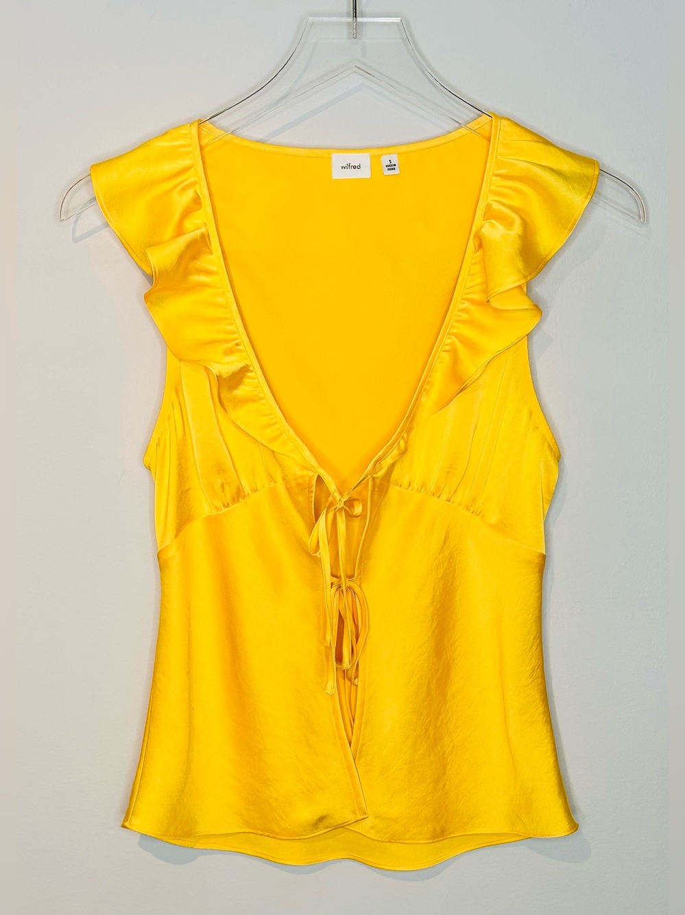 Aritzia Wilfred Tonka Yellow Satin Tie-Front Blouse Shirt Top - Picture 4 of 14